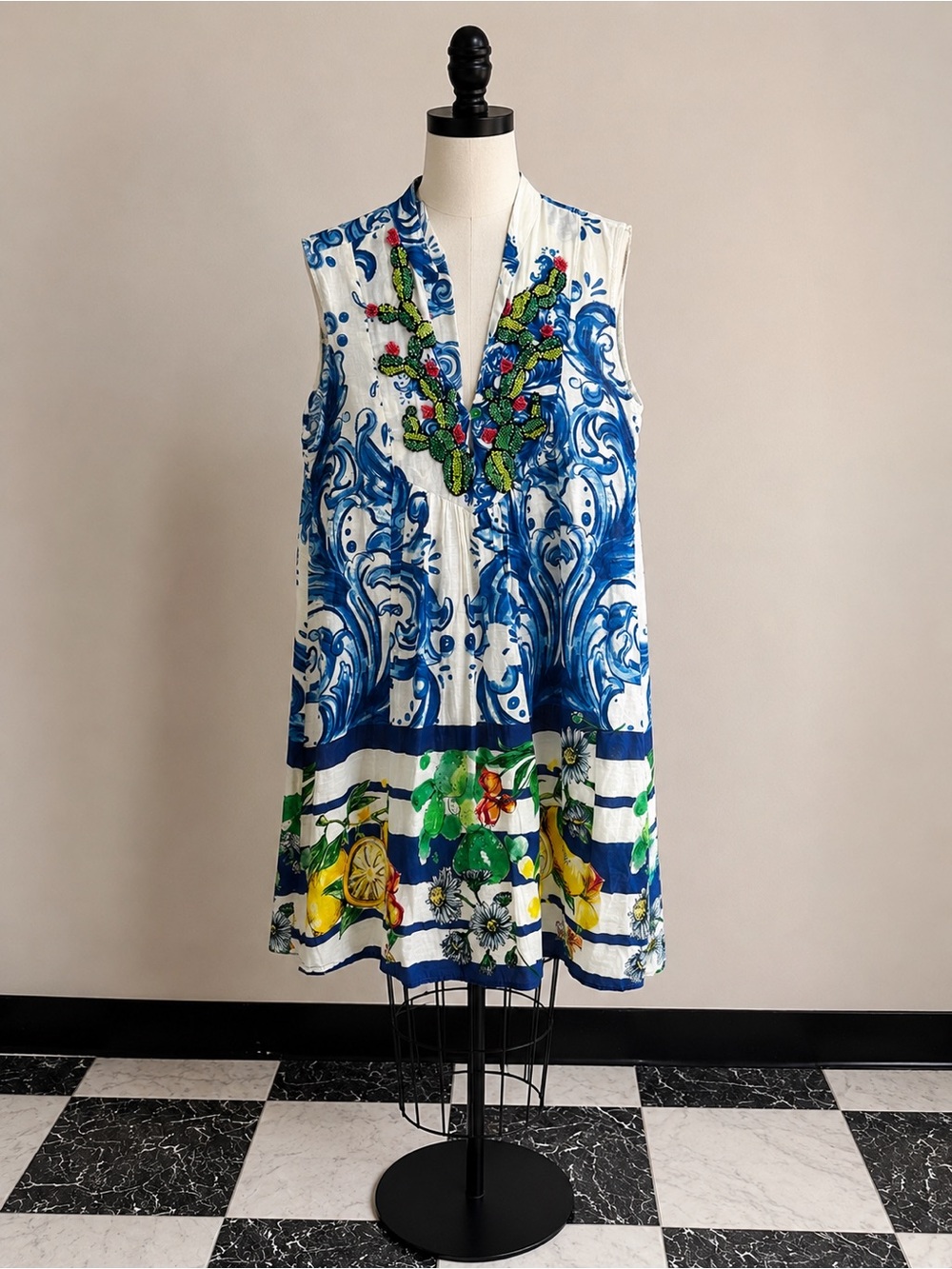 Antica Sartoria Giacomo Cinque Beaded Cactus Lemon Italian Tunic Dress S Coastal